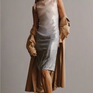 Anthropologie Silver Satin Slip Dress